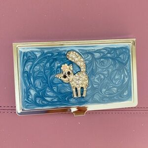 Vintage Blue  and Silver Card Holder with Rhinestone Cat